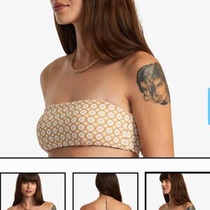 RVCA Brown and White Lotus Bandeau Bikini Swim Top